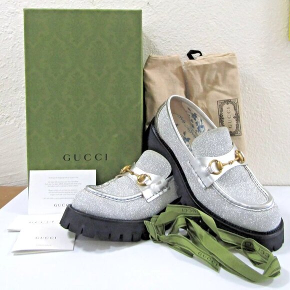 GUCCI 653884 Glitter Metallic Calfskin Harald Horsebit Platform Loafers US 11.5 - Picture 1 of 16